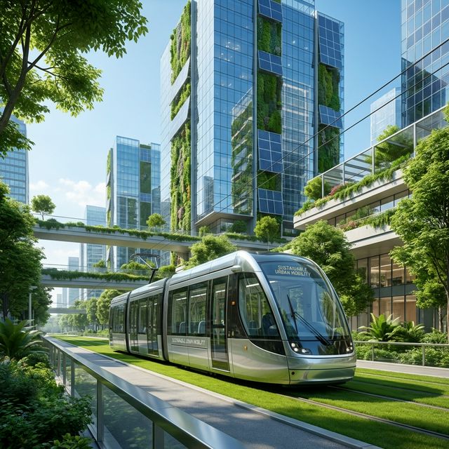 futuristic autonomous electric pod on a clean city street, smart mobility, sustainable transport, blue sky, cinematic lighting, photorealistic, 8k, no people